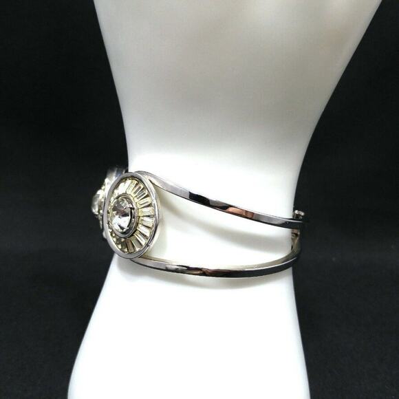 Vintage Clear Rhinestone Hinged Clamper Bracelet, Rhodium Plated, Wedding Cuff - Picture 5 of 9